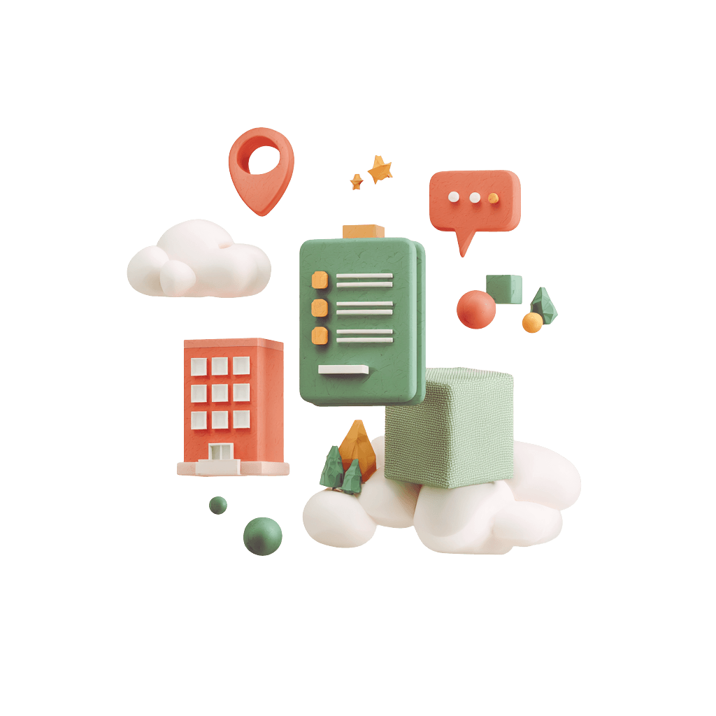 Flathunt 3D illustration with checklist, apartment building, map pin, and chat bubble